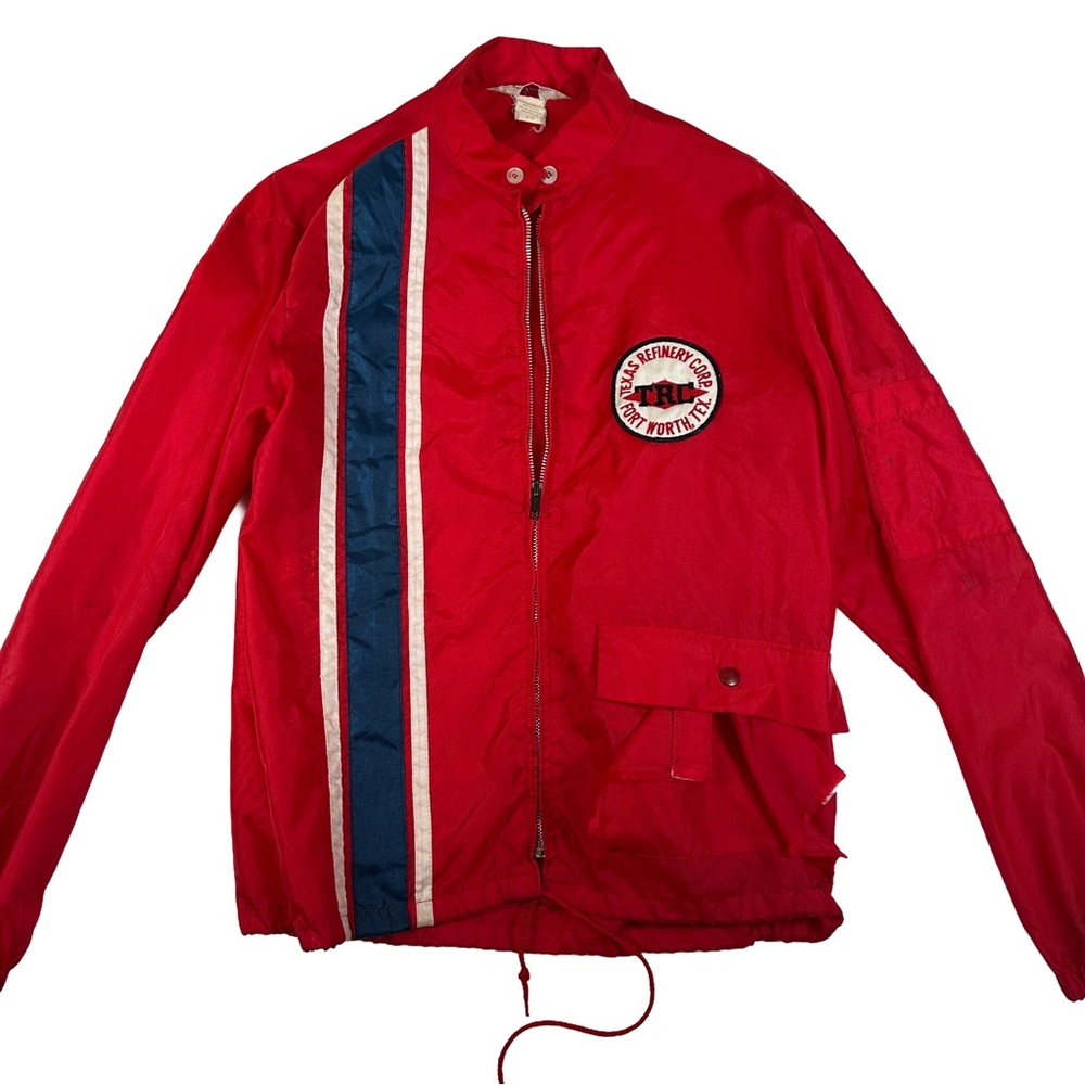 Vintage 70s‎ Red Windbreaker Jacket Blue Stripe patch Texas refinery bomber